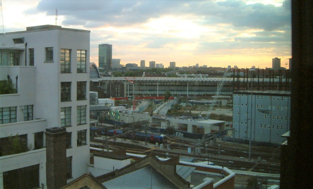 Skyline the trainline from Kings Cross station, looking west before sunset.